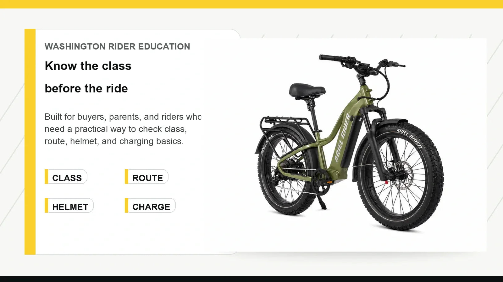 Ariel Rider Kepler 52V shown in a Washington e-bike safety education graphic about class, route, helmet, and charging checks.