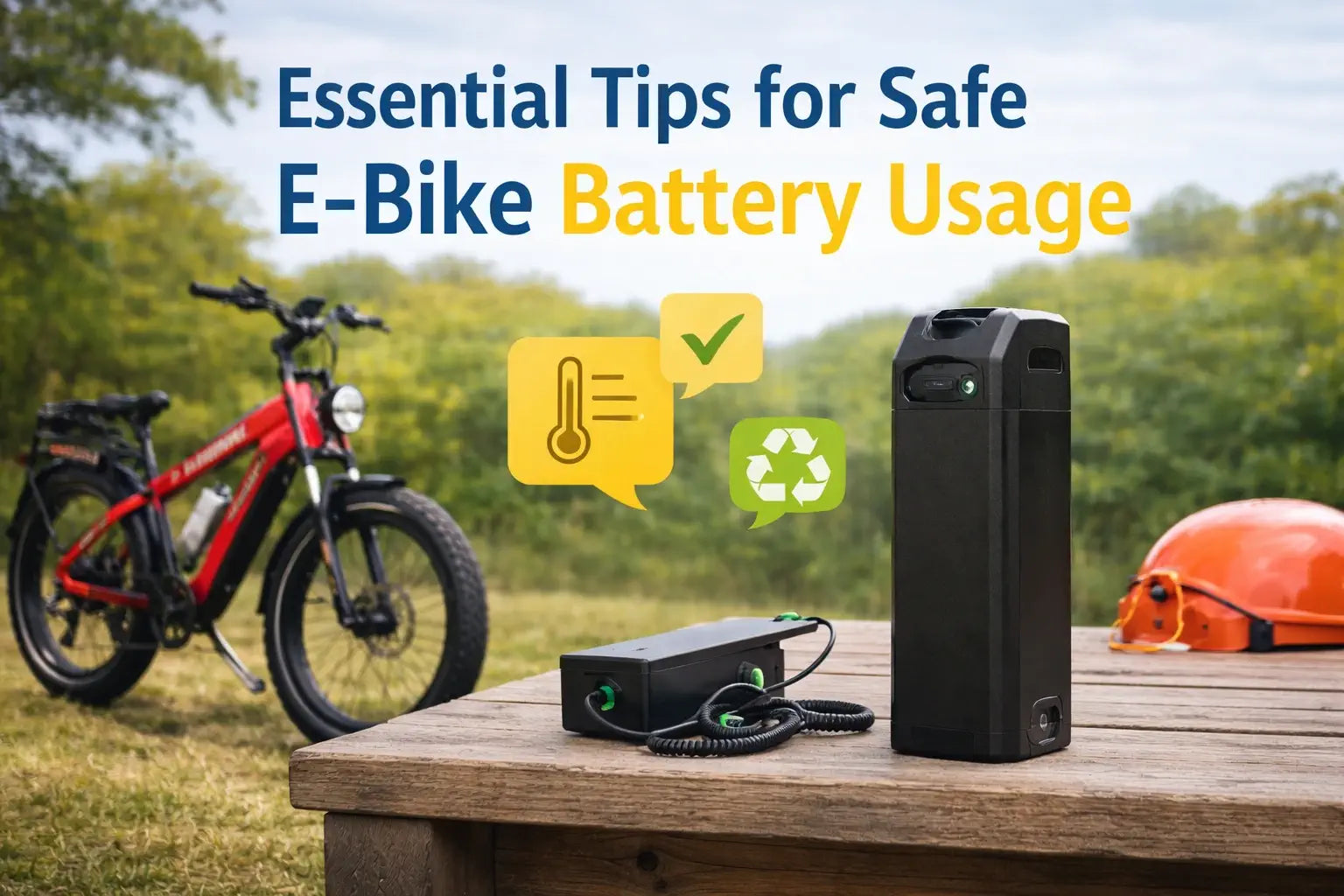 An Ariel Rider e-bike battery and charger placed on a table with an Ariel Rider e-bike in the background, illustrating safe e-bike battery use and charging.
