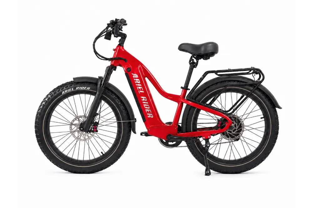 Ariel Rider Kepler 52V electric fat-tire e-bike in Red, high-step frame, studio photo 2 of 4