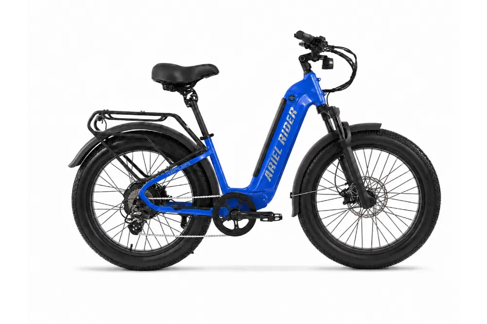Ariel Rider Kepler 52V electric fat-tire e-bike in Blue, step-through frame, studio photo 1 of 4