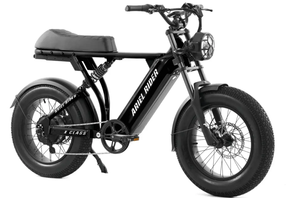 Black electric bike with 'Ariel Rider' branding on a white background #Version_Off-Road