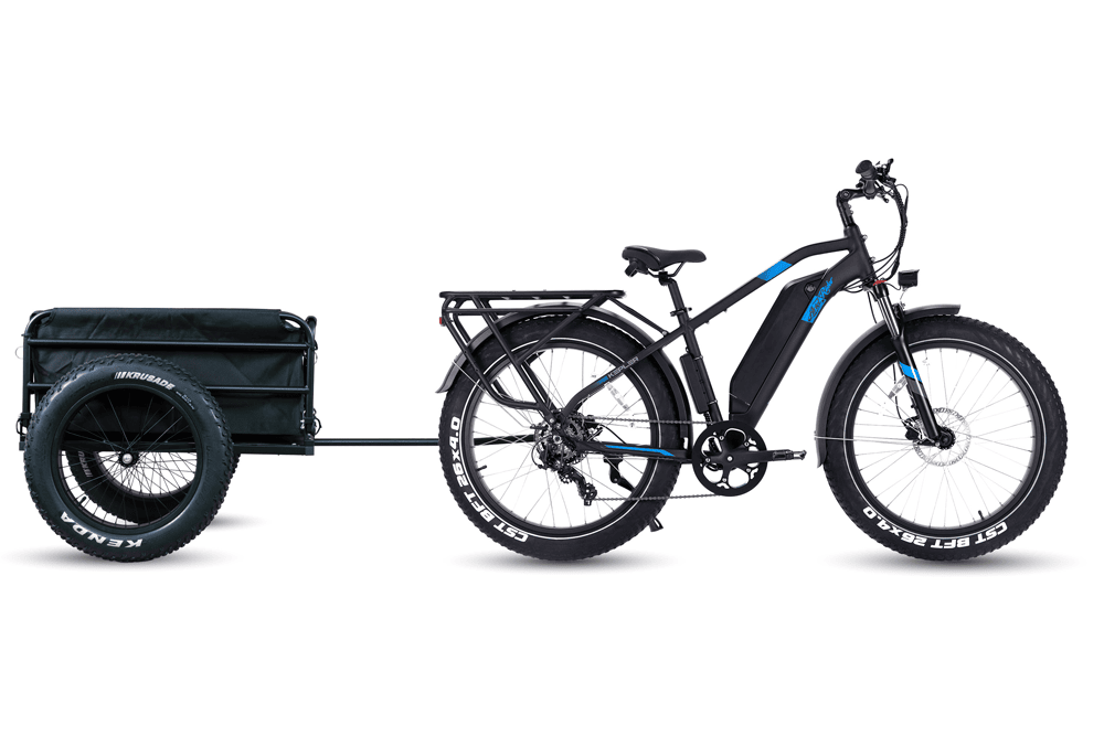 Ariel Rider Kepler high-step in black and blue towing the cargo trailer from the side.