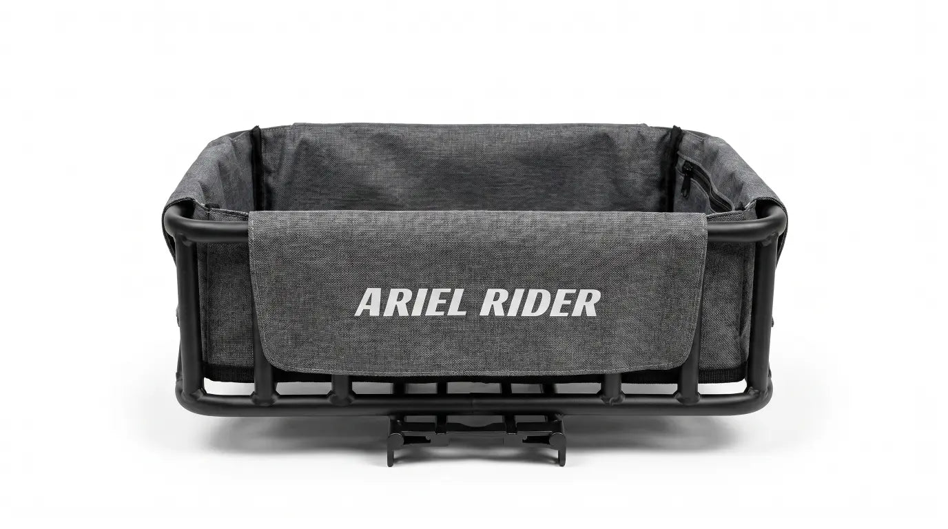Rear angled view of Ariel Rider Cargo Basket Liner with white side logo and brand text