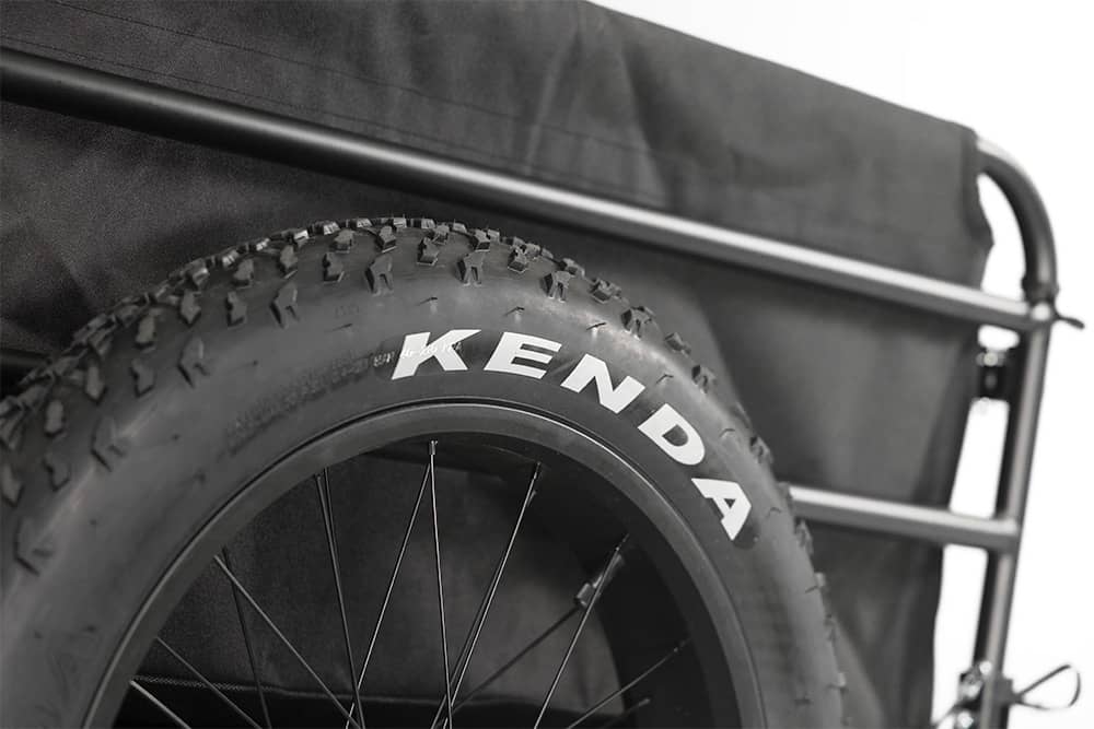 Close-up of Kenda fat tire on the Ariel Rider cargo trailer.