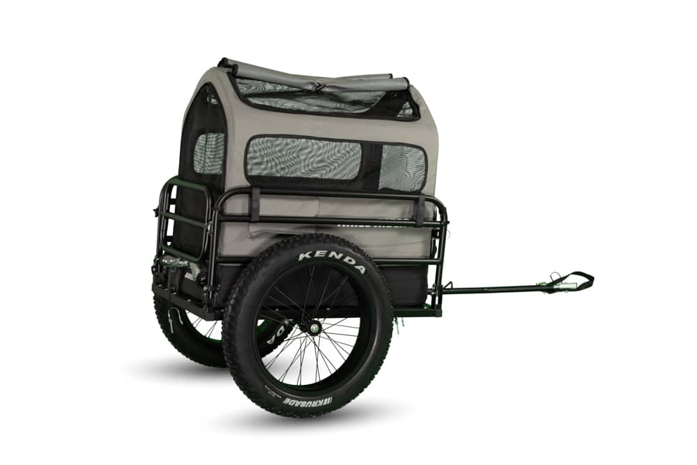 Ariel Rider dog carrier trailer with full grey canopy installed, rear angled view.