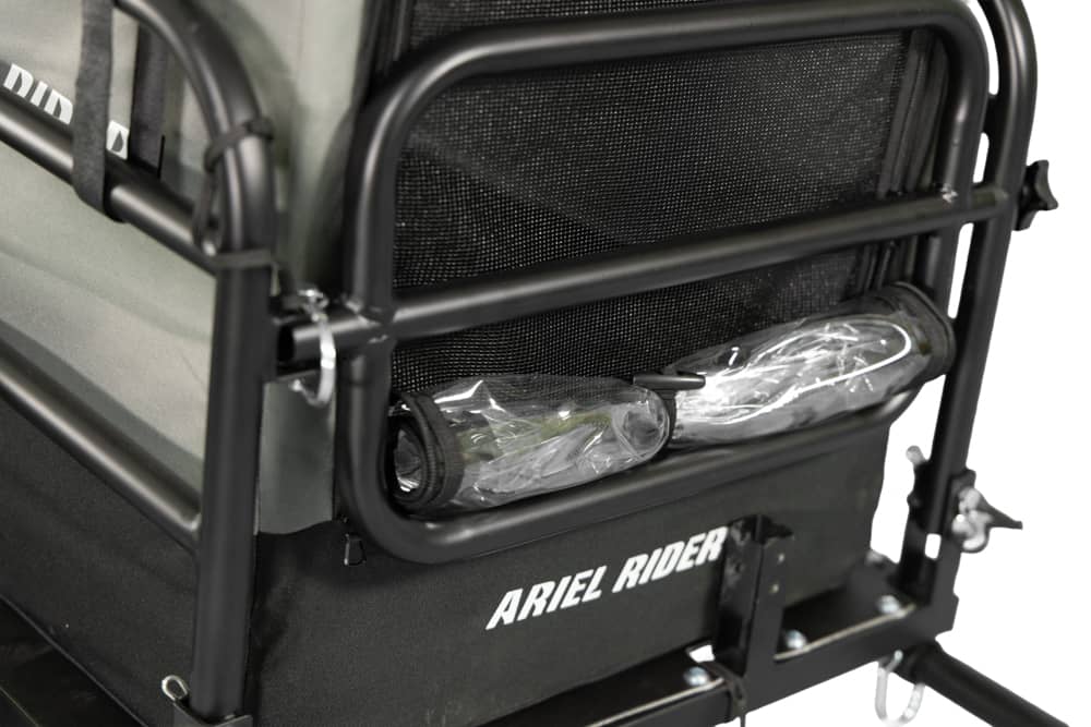 Rear mesh panel and roll-up cover detail on Ariel Rider dog carrier trailer.