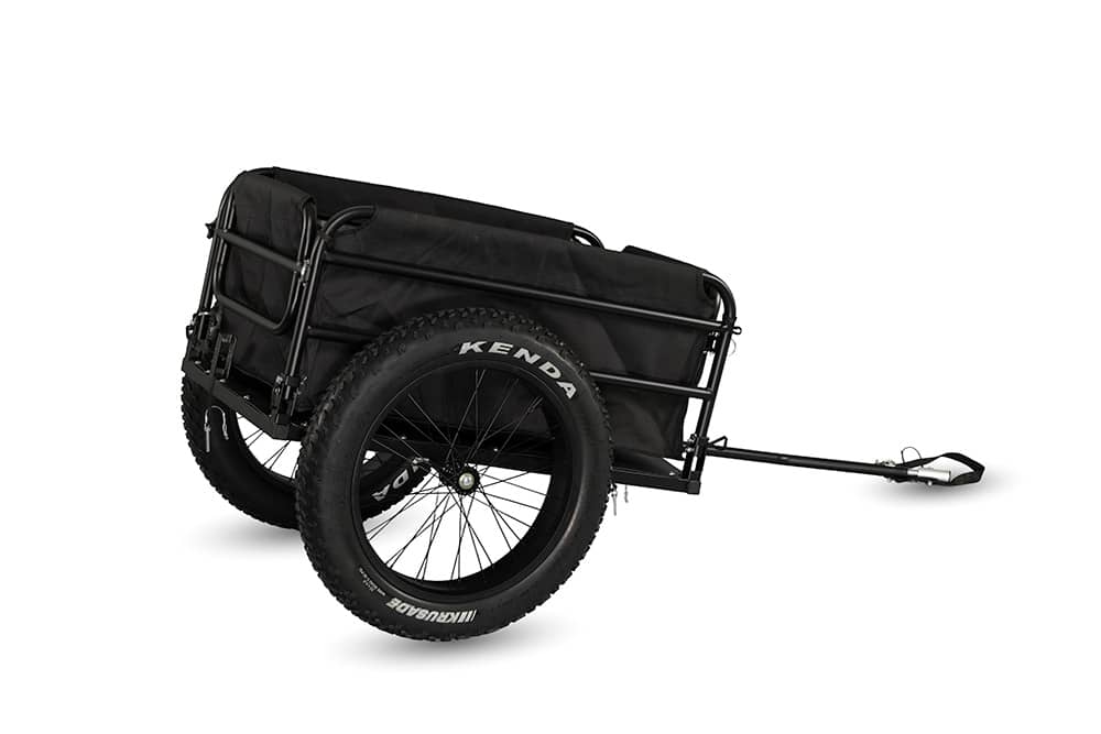 Ariel Rider electric bike cargo trailer with black cover, rear-left angled view.