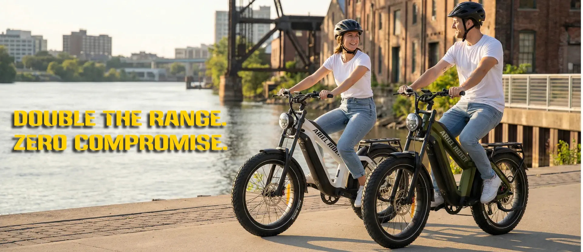 Two people riding electric bikes by a waterfront with text about bike range and compromise.