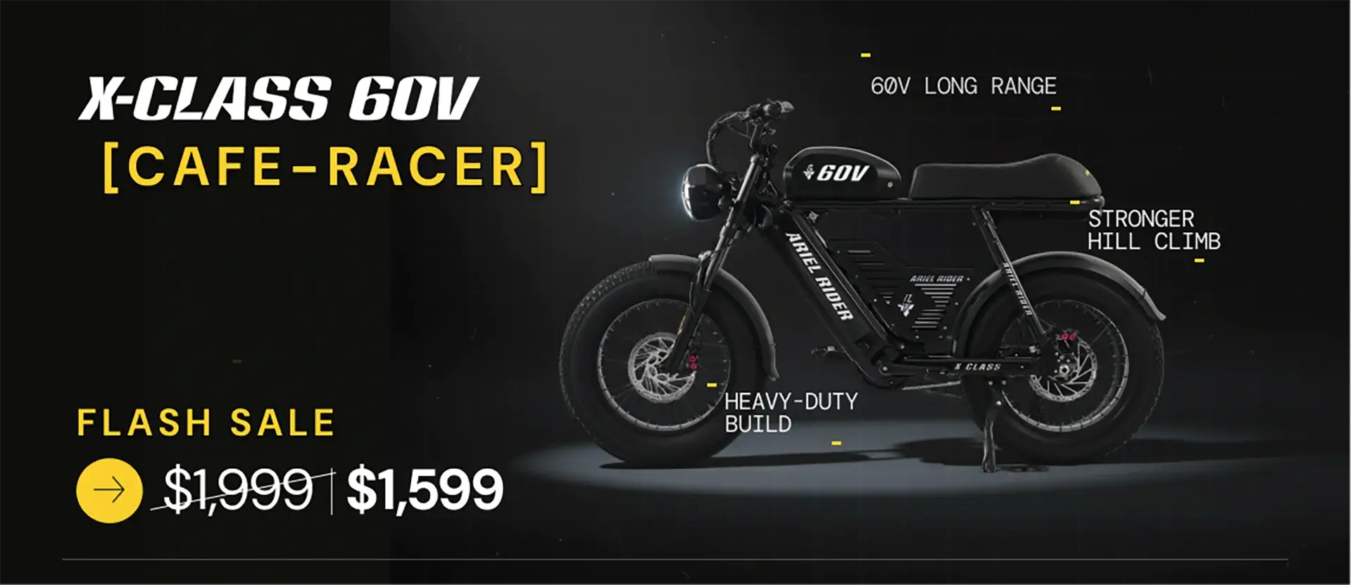 The Ariel Rider X-Class 60V Café Racer displayed in a spotlight with Black Friday sale pricing.