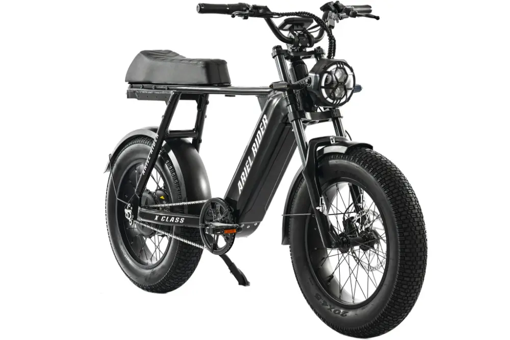 Electric bike with a black frame and large wheels on a white background #Version_Cafe Racer