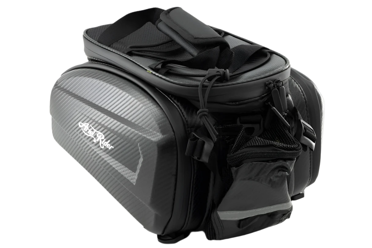 Expandable bicycle rear rack bag with side panniers, increasing storage space for longer rides.