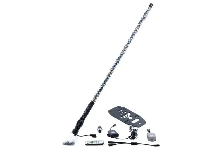 LED flag light kit for Ariel Rider ebikes, including remote control, mounting plate, and power cables.