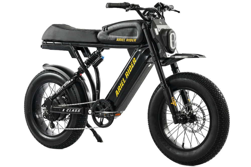 Ariel Rider X-Class 60V electric bike fitted with tank bag for added storage and streamlined design.