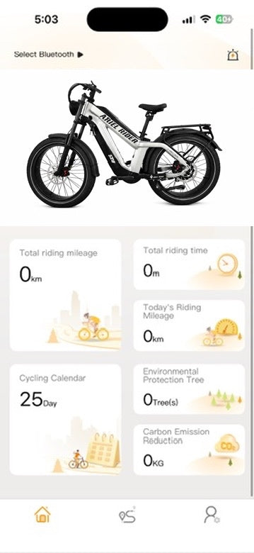 Ariel Rider App dashboard with a connected bike and ride data