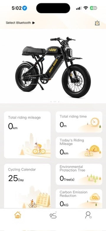 Ariel Rider App dashboard showing a connected bike, ride distance, ride time, and a cycling calendar