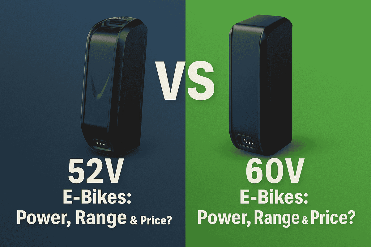 Side-by-side image comparing 52V and 60V electric bikes, showing differences in power, range, and design with bold text reading 52V vs 60V E-Bikes Real Power, Range & Price Differences.