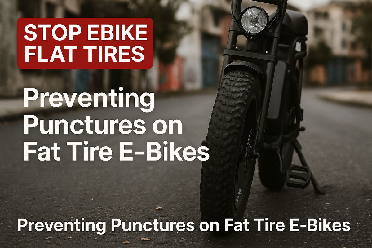 Ariel Rider fat tire e-bike on urban street, tire close-up; blog hero for flat tire prevention and maintenance guide.