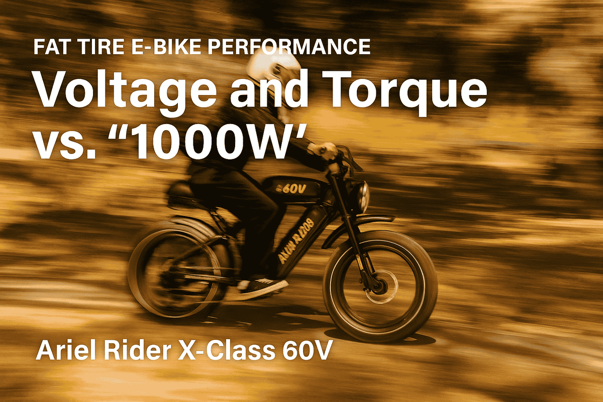 Ariel Rider X-Class 60V fat tire electric bike in motion on a forest trail, with overlay text reading “Bigger Voltage vs. Bigger Watts – Why 60V Beats Any Fat Tire Ebike 1000W.” Dynamic motion blur highlights the speed and torque of the 60V system.