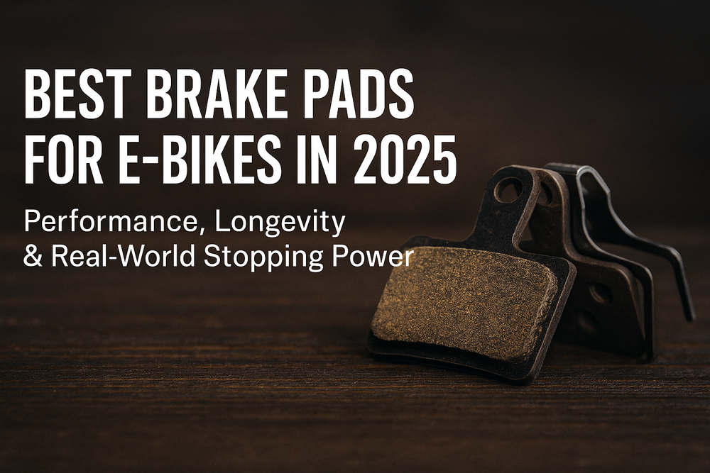 Close-up of an e-bike hydraulic disc brake and rotor with bold headline text reading “Best Brake Pads for E-Bikes in 2025 – Performance, Longevity & Real-World Stopping Power,” illustrating premium braking components and stopping performance.