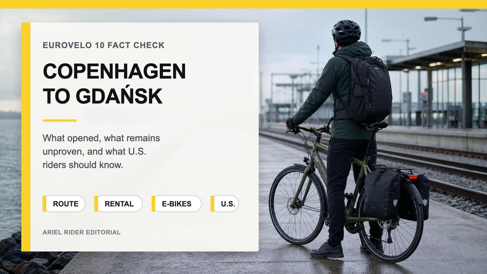 Copenhagen to Gdansk EuroVelo 10 fact-check cover showing an illustrative cycle traveler beside a Baltic rail connection