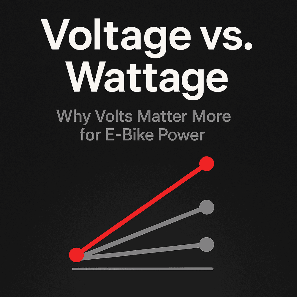 Minimalist blog header showing a red performance line rising above gray lines under the title ‘Voltage vs. Wattage: Why Volts Matter More for E-Bike Power,’ symbolizing stronger 60V acceleration and torque.