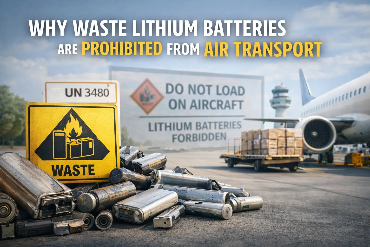 Used lithium batteries labeled as waste positioned near an airport cargo area, illustrating why waste lithium batteries are prohibited from air transport.