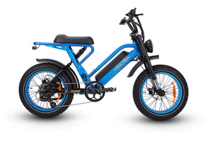 Ariel Rider Ebikes - Blue color X-Class 52V Step-thru fat tire electric bike from the side on a white background