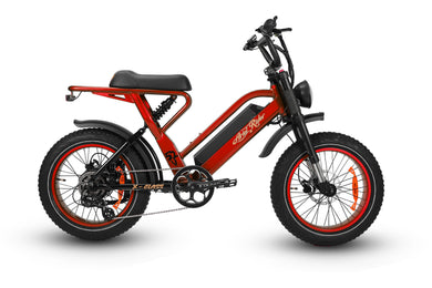 Ariel Rider Ebikes - Red color X-Class 52V Step-thru fat tire electric bike from the side on a white background