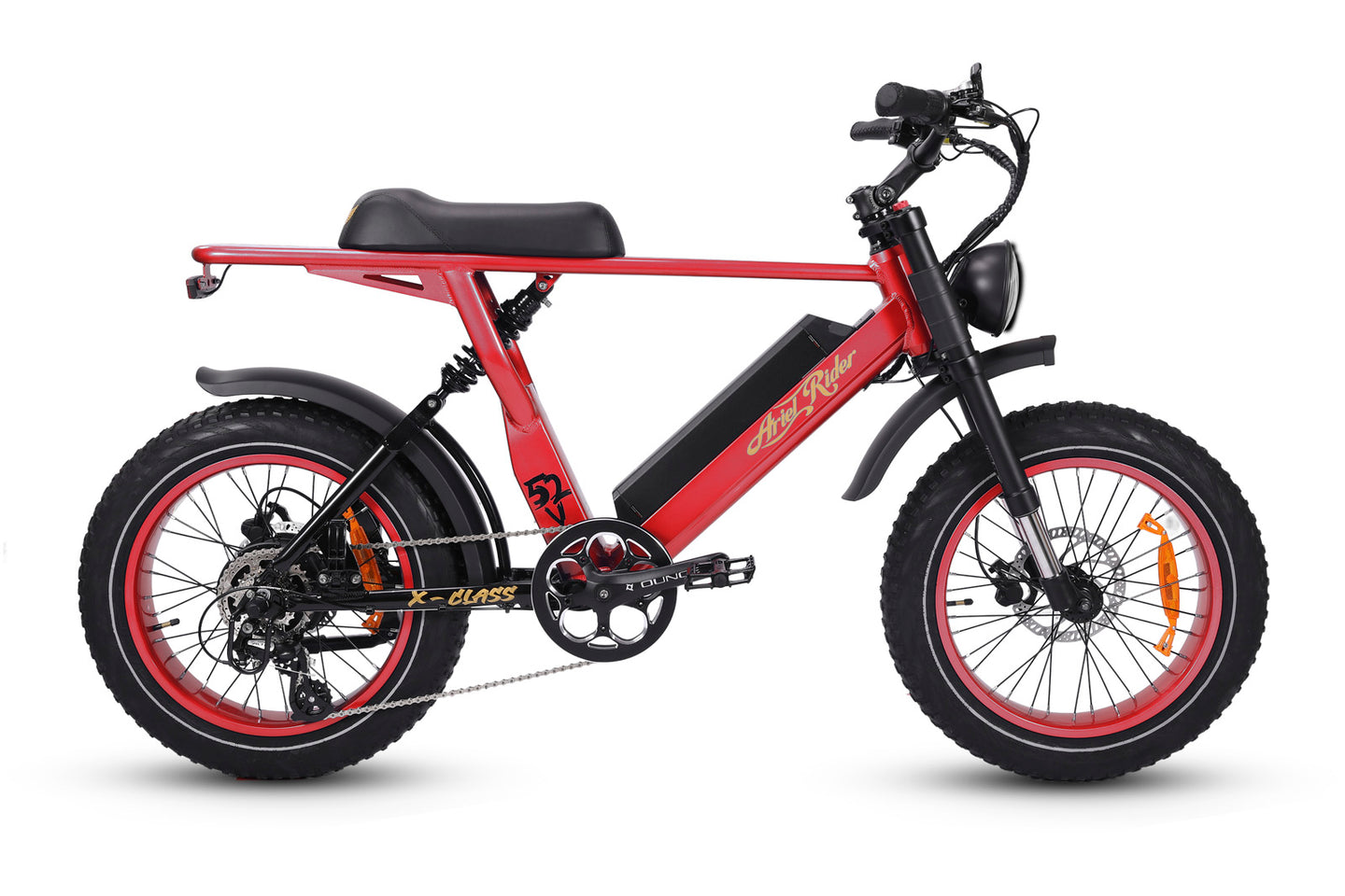 Ariel Rider Ebikes - Red color X-Class 52V fat tire electric bike from the side on a white background