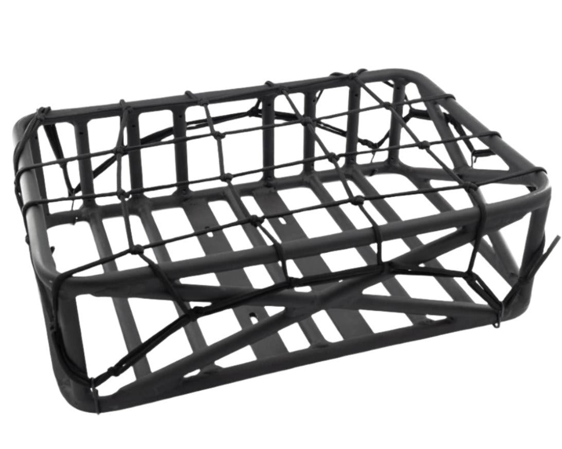 Sturdy Black Metal Cargo Basket for E-Bikes with Secure Netting System - Perfect for Carrying Items on Electric Bikes