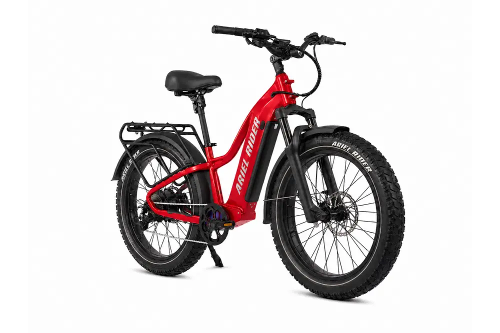 Ariel Rider Kepler 52V electric fat-tire e-bike in Red, high-step frame, studio photo 3 of 4