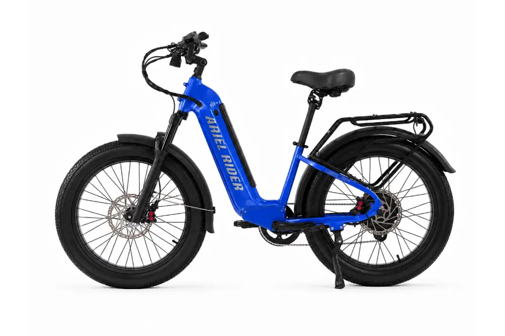 Ariel Rider Kepler 52V electric fat-tire e-bike in Blue, step-through frame, studio photo 2 of 4
