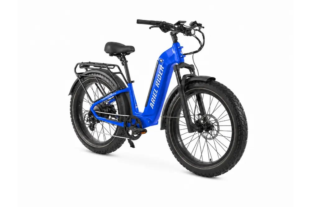Ariel Rider Kepler 52V electric fat-tire e-bike in Blue, step-through frame, studio photo 4 of 4