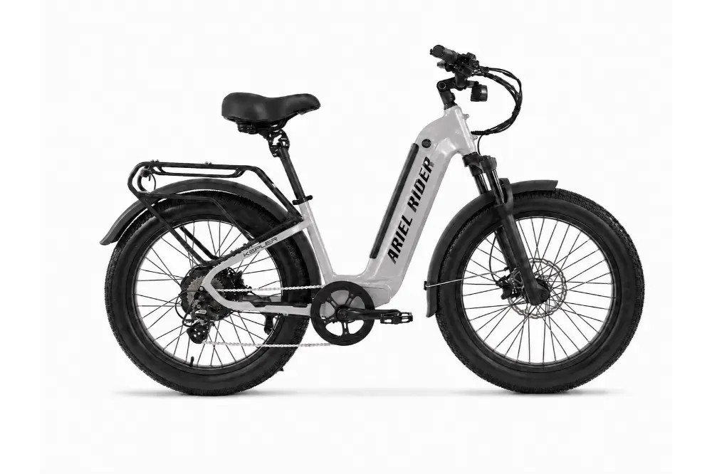 Ariel Rider Kepler 52V electric fat-tire e-bike in Gray, step-through frame, studio photo 1 of 4