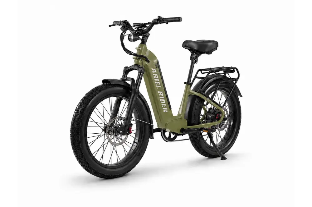 Ariel Rider Kepler 52V electric fat-tire e-bike in Green, step-through frame, studio photo 1 of 4