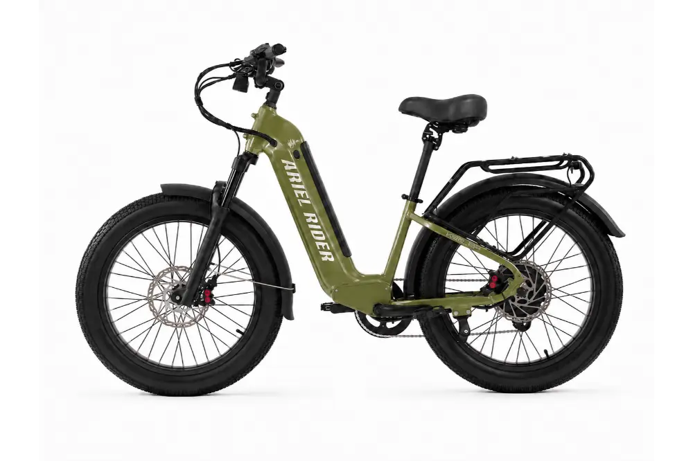 Ariel Rider Kepler 52V electric fat-tire e-bike in Green, step-through frame, studio photo 2 of 4