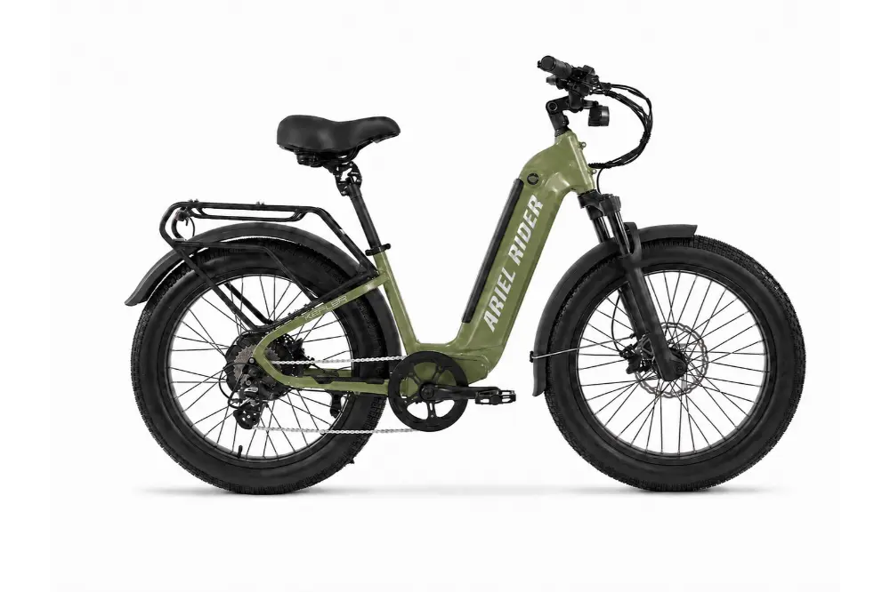 Ariel Rider Kepler 52V electric fat-tire e-bike in Green, step-through frame, studio photo 3 of 4