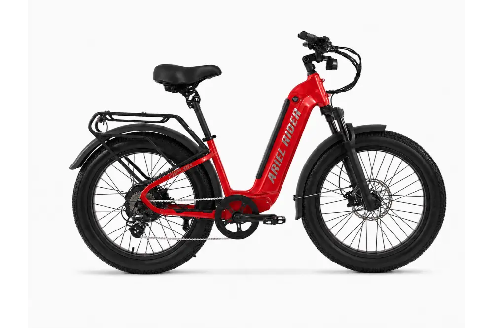 Ariel Rider Kepler 52V electric fat-tire e-bike in Red, step-through frame, studio photo 1 of 4