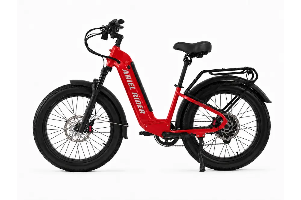 Ariel Rider Kepler 52V electric fat-tire e-bike in Red, step-through frame, studio photo 2 of 4