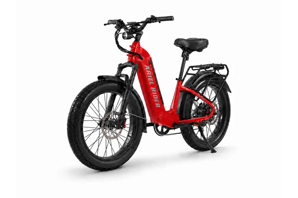 Ariel Rider Kepler 52V electric fat-tire e-bike in Red, step-through frame, studio photo 3 of 4