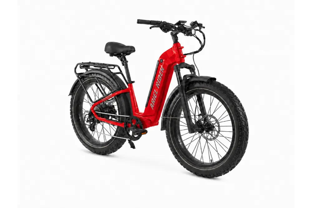 Ariel Rider Kepler 52V electric fat-tire e-bike in Red, step-through frame, studio photo 4 of 4