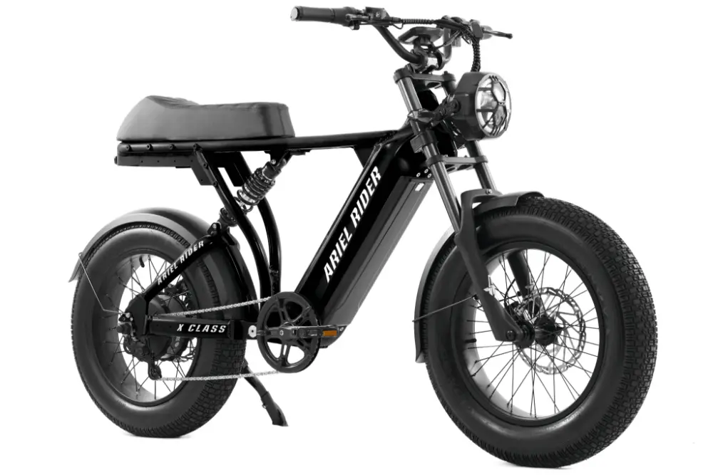 Black electric bike with 'Ariel Rider' branding on a white background #Version_Off-Road