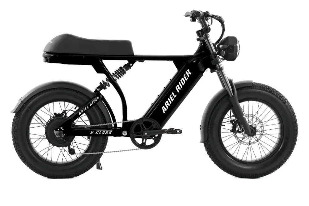 Black electric bike with 'Ariel Rider' branding on a white background #Version_Off-Road