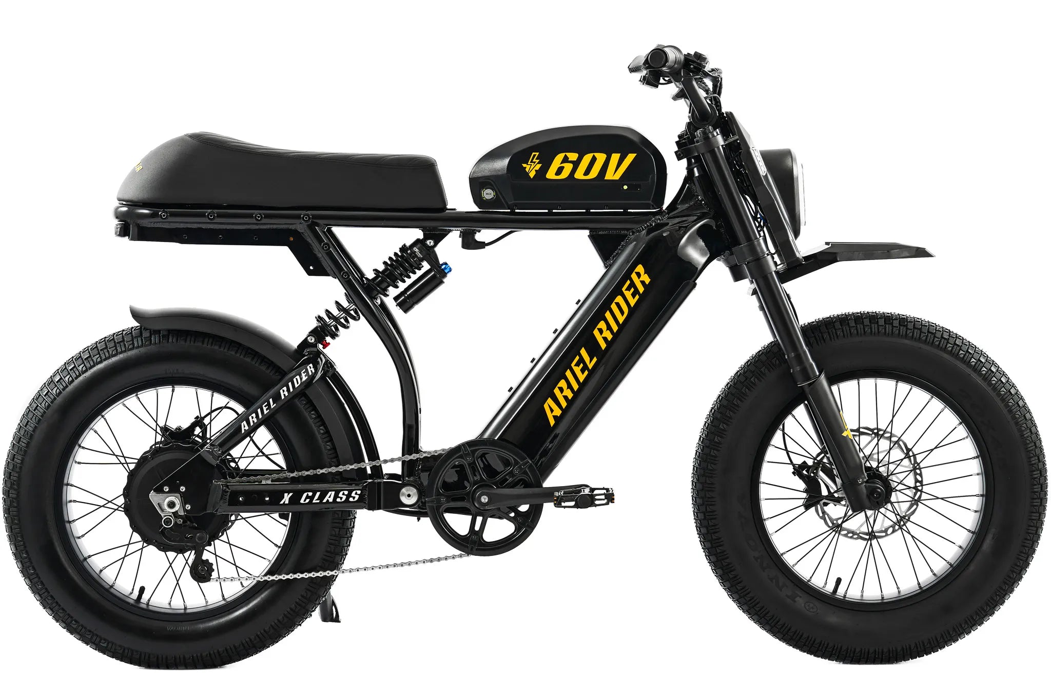 Black electric bike with yellow text on a white background. Ariel Rider X-class Performance edition.