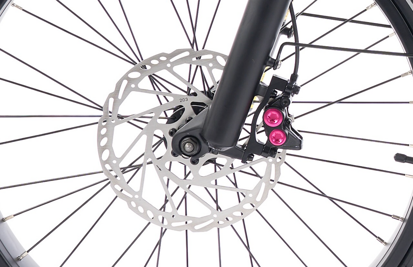 203mm hydraulic disc brake on Ariel Rider Kepler Dual battery fat tire electric bike for superior stopping power.