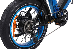 rear tire view of ariel rider ebikes X-Class 52V fat tire electric bike, blue color