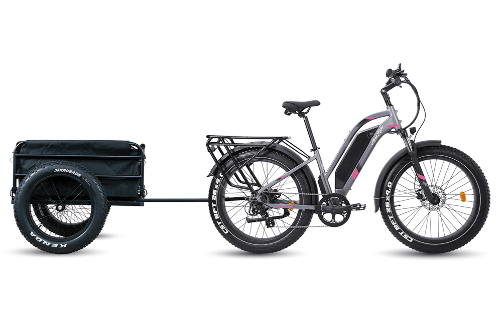 Ariel Rider Kepler step-thru in grey and pink pulling the cargo trailer, side profile.