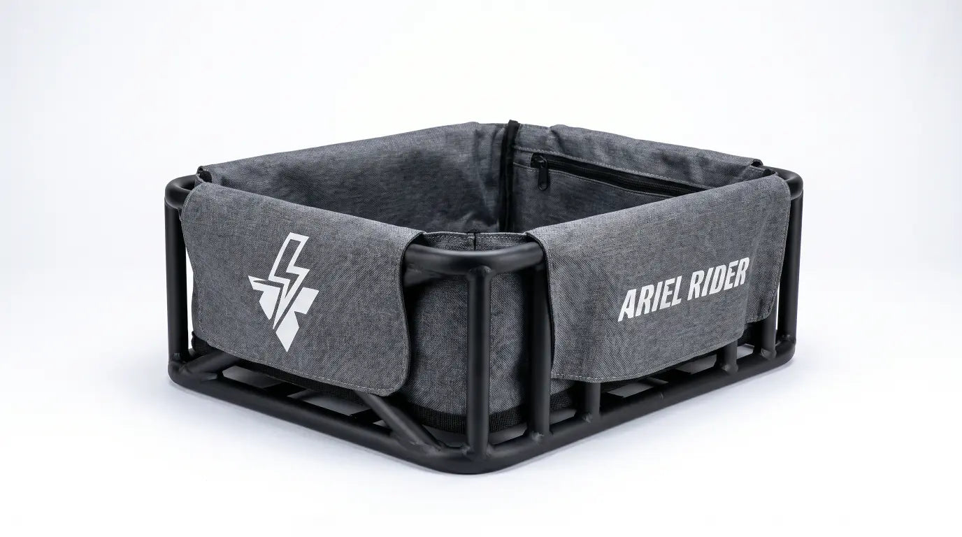 Gray Ariel Rider Cargo Basket Liner in black basket with bottom mounting bracket visible