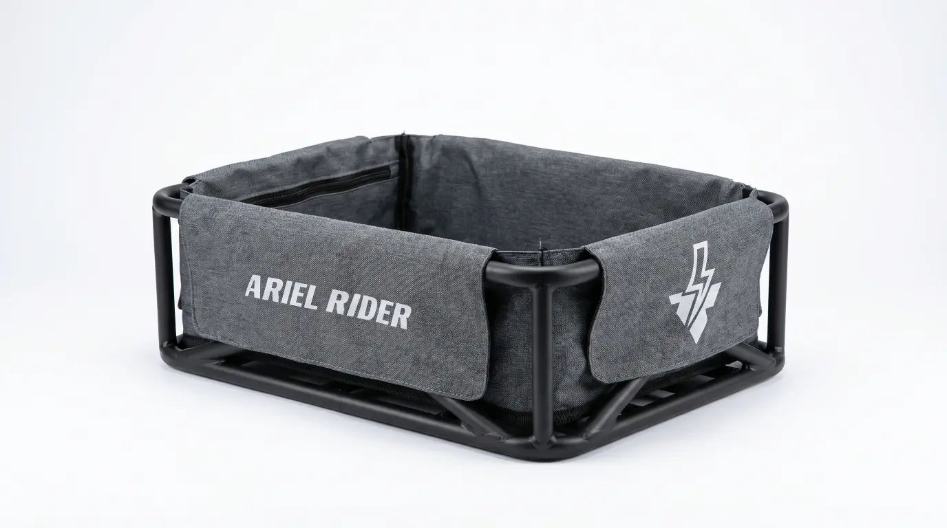 Angled top view of gray Cargo Basket Liner showing the interior zippered pocket