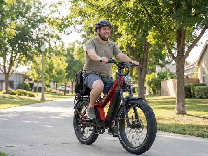 Beginner rider using an Ariel Rider e-bike on a local route